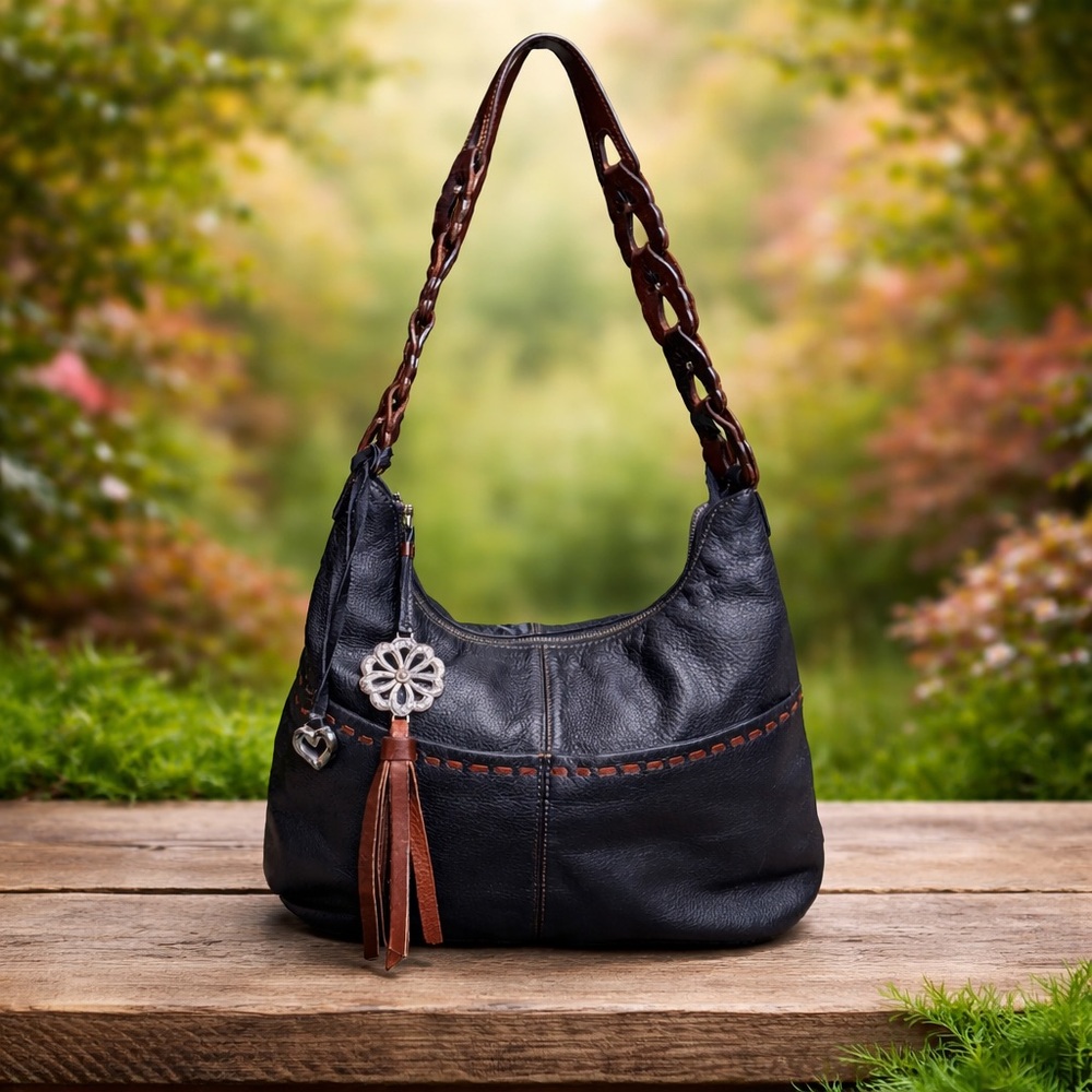 Brighton Black Pebbled Leather Hobo Bag Whipstitch Tassel F136076 Brown Strap
